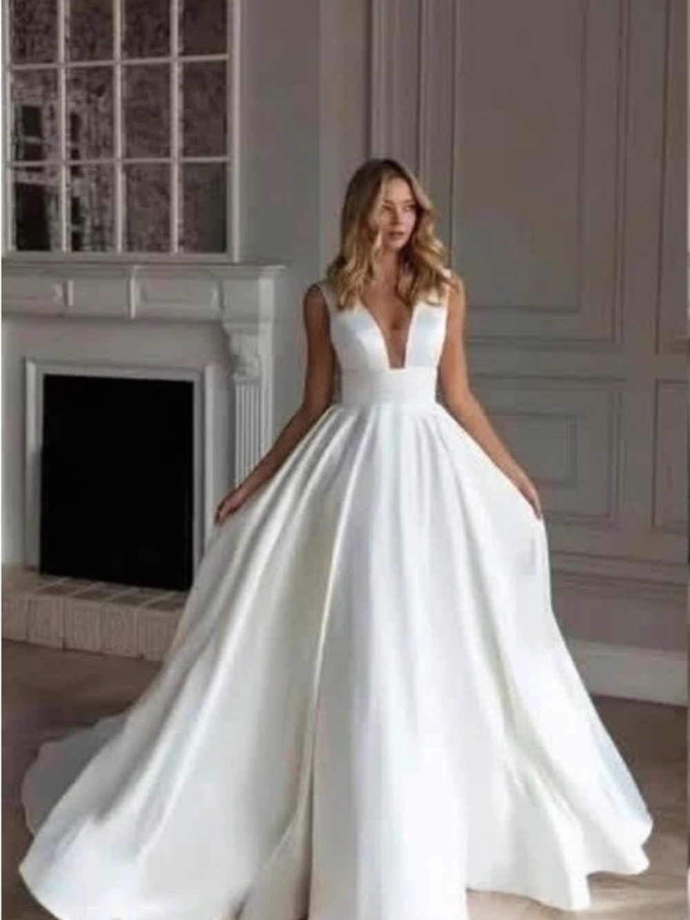 Elegant White V-Neck Ball Gown Dress